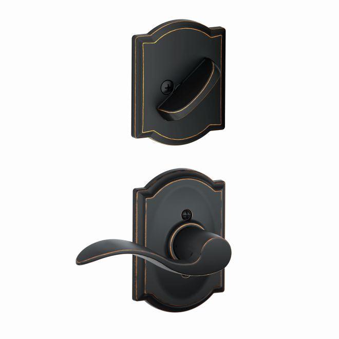 Schlage Right Hand Accent Lever With Camelot Rosette Interior Active Trim - Exterior Handleset Sold Separately in Aged Bronze finish