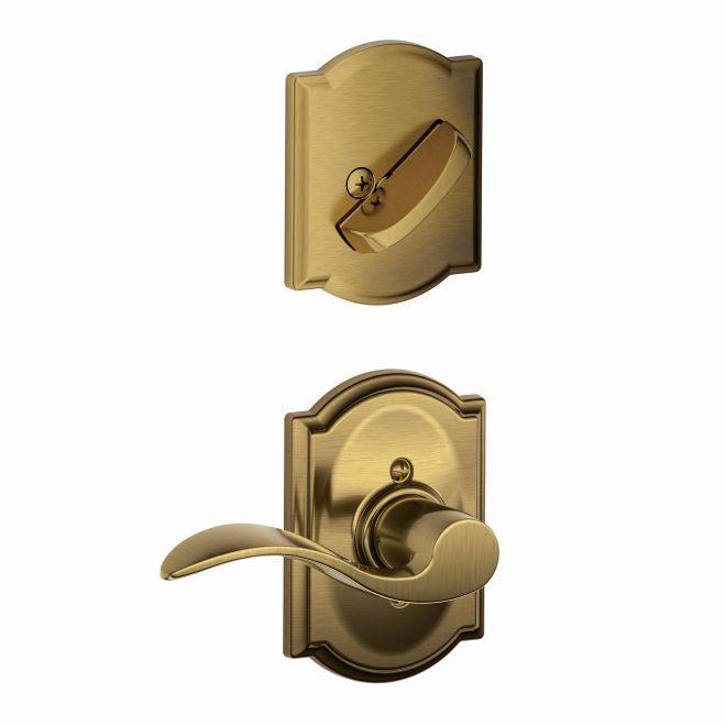 Schlage Right Hand Accent Lever With Camelot Rosette Interior Active Trim - Exterior Handleset Sold Separately in Antique Brass finish