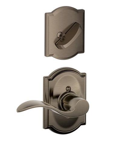 Schlage Right Hand Accent Lever With Camelot Rosette Interior Active Trim - Exterior Handleset Sold Separately in Antique Pewter finish