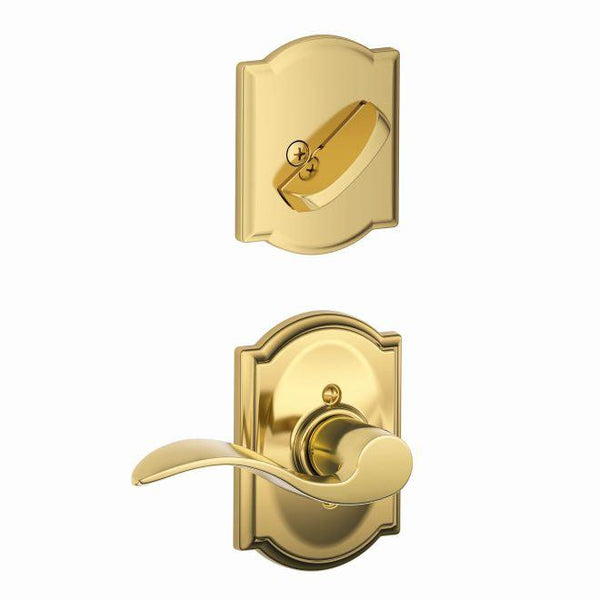 Schlage Right Hand Accent Lever With Camelot Rosette Interior Active Trim - Exterior Handleset Sold Separately in Bright Brass finish