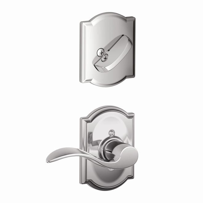 Schlage Right Hand Accent Lever With Camelot Rosette Interior Active Trim - Exterior Handleset Sold Separately in Bright Chrome finish