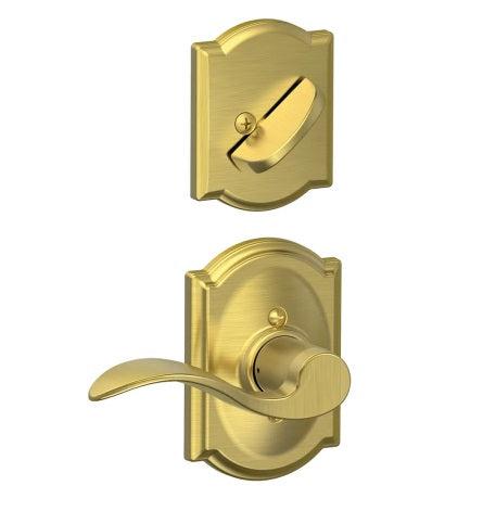 Schlage Right Hand Accent Lever With Camelot Rosette Interior Active Trim - Exterior Handleset Sold Separately in Satin Brass finish