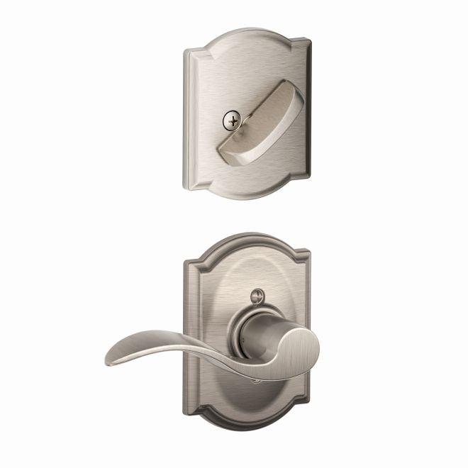 Schlage Right Hand Accent Lever With Camelot Rosette Interior Active Trim - Exterior Handleset Sold Separately in Satin Nickel finish