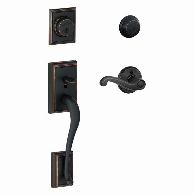 Schlage Right Hand Addison Double Cylinder Handleset With Flair Lever in Aged Bronze finish