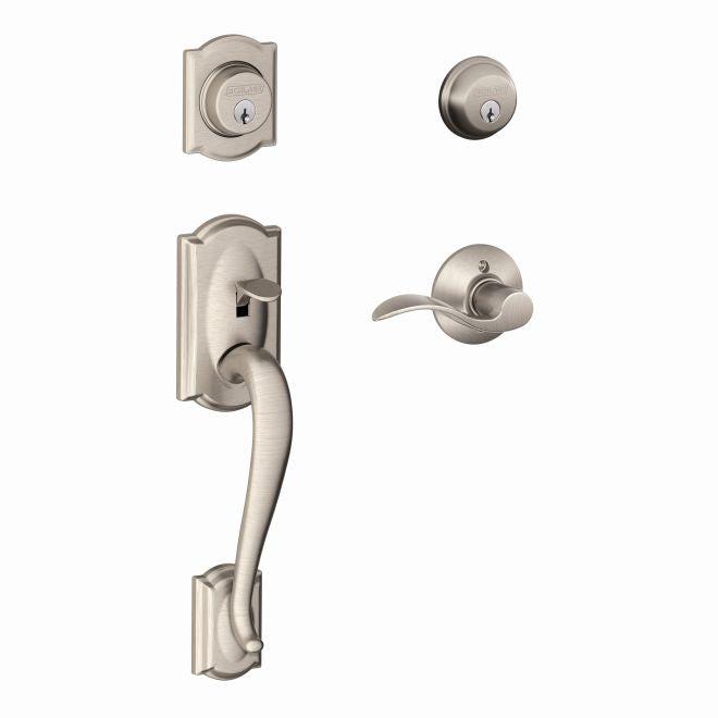 The Schlage Right Hand Camelot Double Cylinder Handleset With Accent Lever in Antique Brass finish