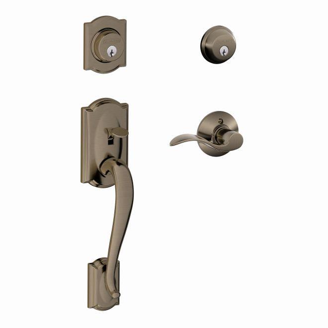 The Schlage Right Hand Camelot Double Cylinder Handleset With Accent Lever in Antique Brass finish