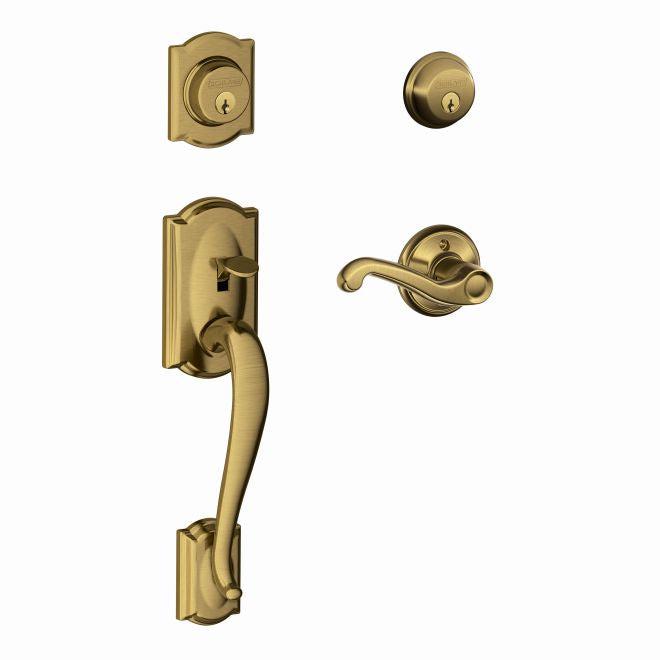 Schlage Right Hand Camelot Double Cylinder Handleset With Flair Lever in Antique Brass finish