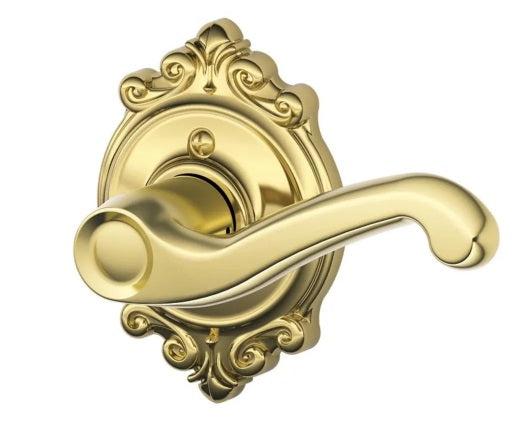 Schlage Right Hand Flair Lever With Brookshire Rosette Half Dummy in Bright Brass finish