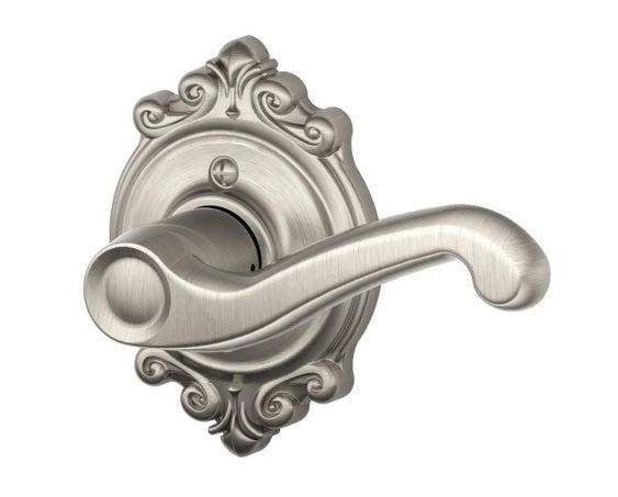 Schlage Right Hand Flair Lever With Brookshire Rosette Half Dummy in Satin Nickel finish