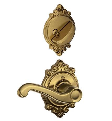 Schlage Right Hand Flair Lever With Brookshire Rosette Interior Active Trim - Exterior Handleset Sold Separately in Antique Brass finish