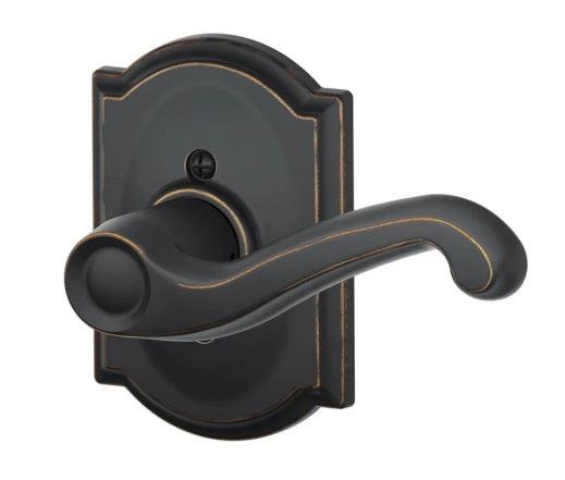 Schlage Right Hand Flair Lever With Camelot Rosette Half Dummy in Aged Bronze finish