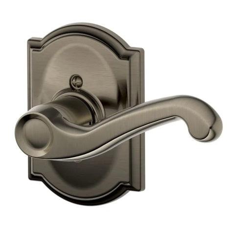 Schlage Right Hand Flair Lever With Camelot Rosette Half Dummy in Antique Pewter finish