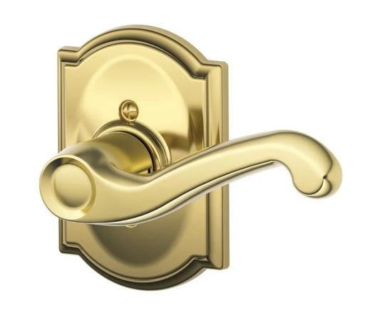 Schlage Right Hand Flair Lever With Camelot Rosette Half Dummy in Bright Brass finish