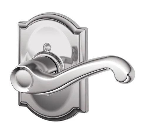 Schlage Right Hand Flair Lever With Camelot Rosette Half Dummy in Bright Chrome finish