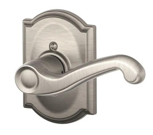 Schlage Right Hand Flair Lever With Camelot Rosette Half Dummy in Satin Nickel finish