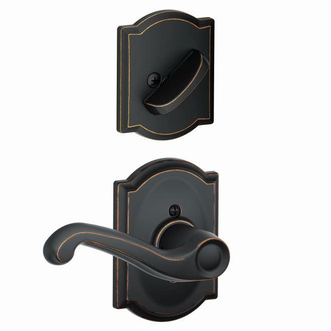 Schlage Right Hand Flair Lever With Camelot Rosette Interior Active Trim - Exterior Handleset Sold Separately in Aged Bronze finish