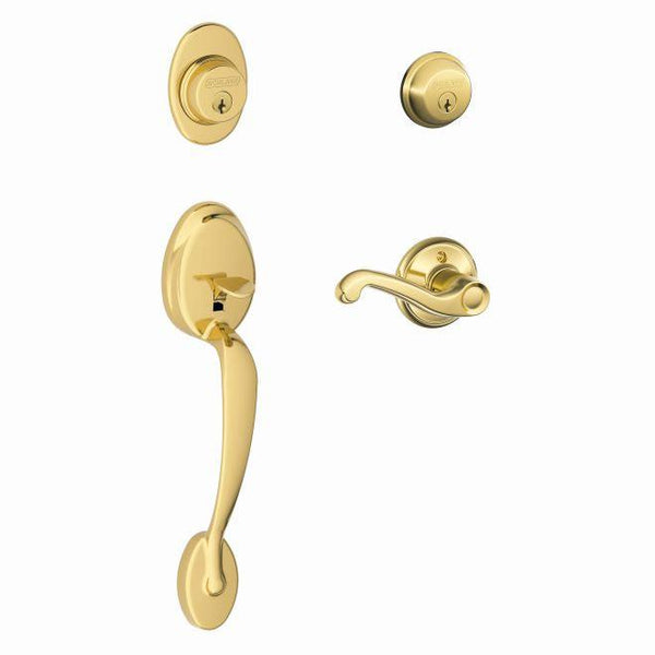 Schlage Right Hand Plymouth Double Cylinder Handleset With Flair Lever in Lifetime Brass finish