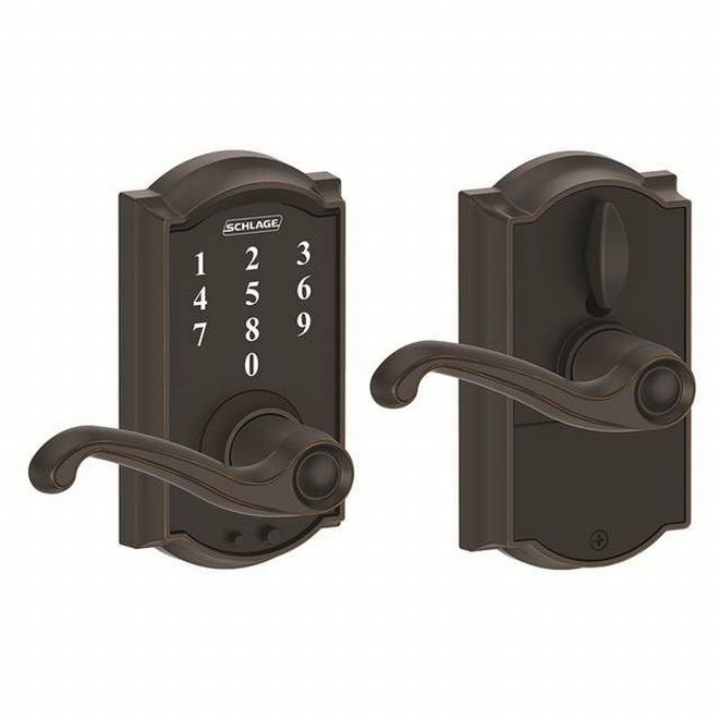 Schlage Schlage Touch Keyless Touchscreen Lever with Camelot trim and Flair Lever in Aged Bronze finish