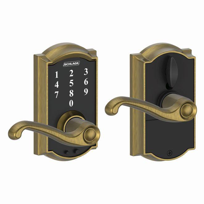 Schlage Schlage Touch Keyless Touchscreen Lever with Camelot trim and Flair Lever in Antique Brass finish