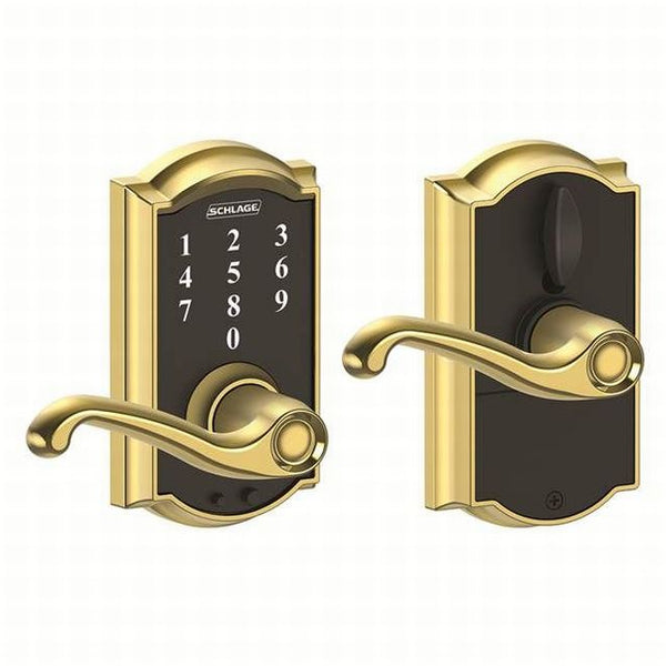 Schlage Schlage Touch Keyless Touchscreen Lever with Camelot trim and Flair Lever in Bright Brass finish
