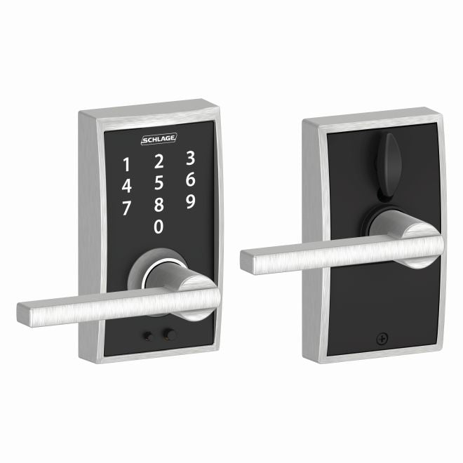 Schlage Schlage Touch Keyless Touchscreen Lever with Century trim and Latitude Lever in Satin Chrome finish