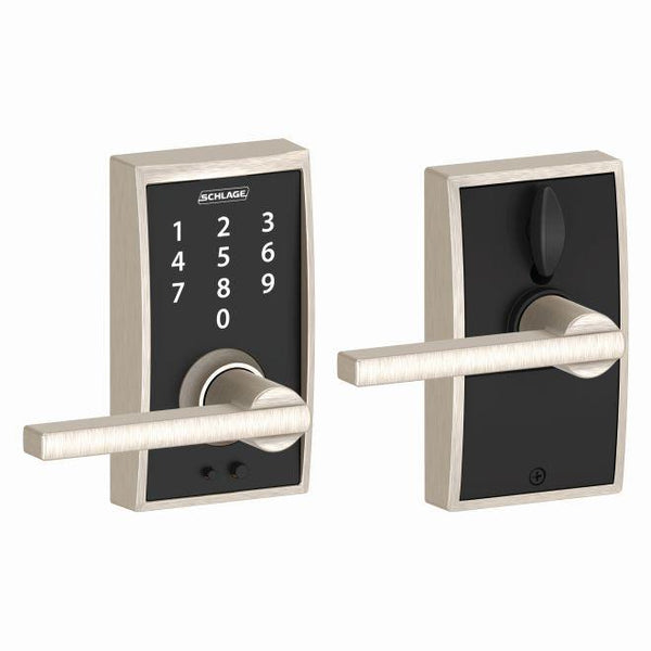 Schlage Schlage Touch Keyless Touchscreen Lever with Century trim and Latitude Lever in Satin Nickel finish