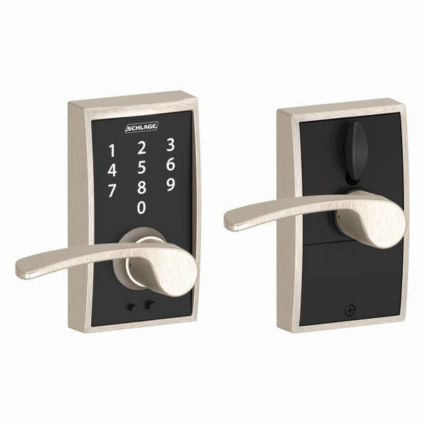 Schlage Schlage Touch Keyless Touchscreen Lever with Century trim and Merano Lever in Satin Nickel finish
