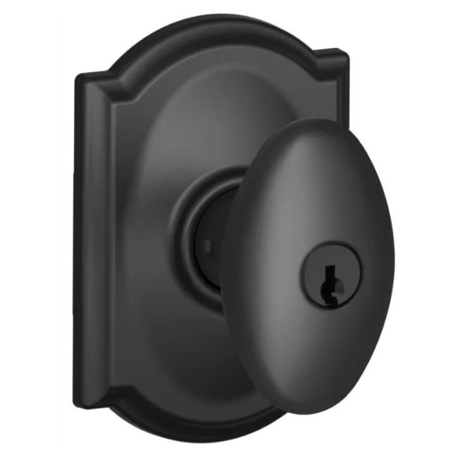 Schlage Siena Knob With Camelot Rosette Keyed Entry Lock in Flat Black finish