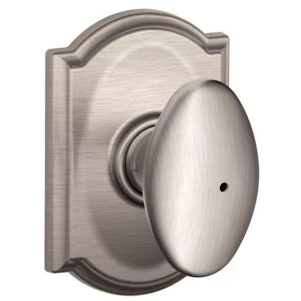 Schlage Siena Privacy Knob With Camelot Rosette in Satin Nickel finish