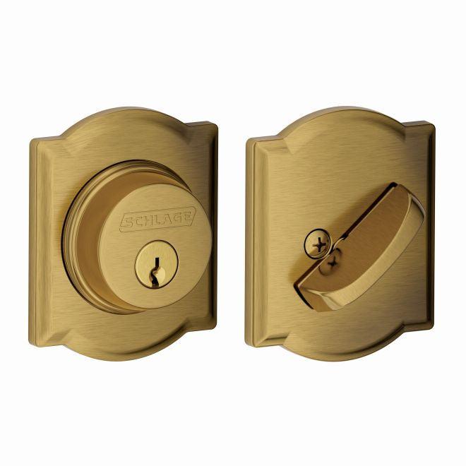 Schlage Single Cylinder Deadbolt With Camelot Trim in Antique Brass finish