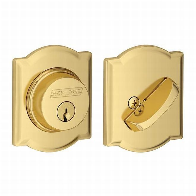 Schlage Single Cylinder Deadbolt With Camelot Trim in Bright Brass finish