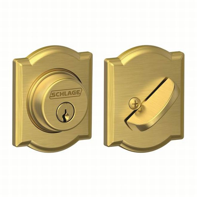 Schlage Single Cylinder Deadbolt With Camelot Trim in Satin Brass finish