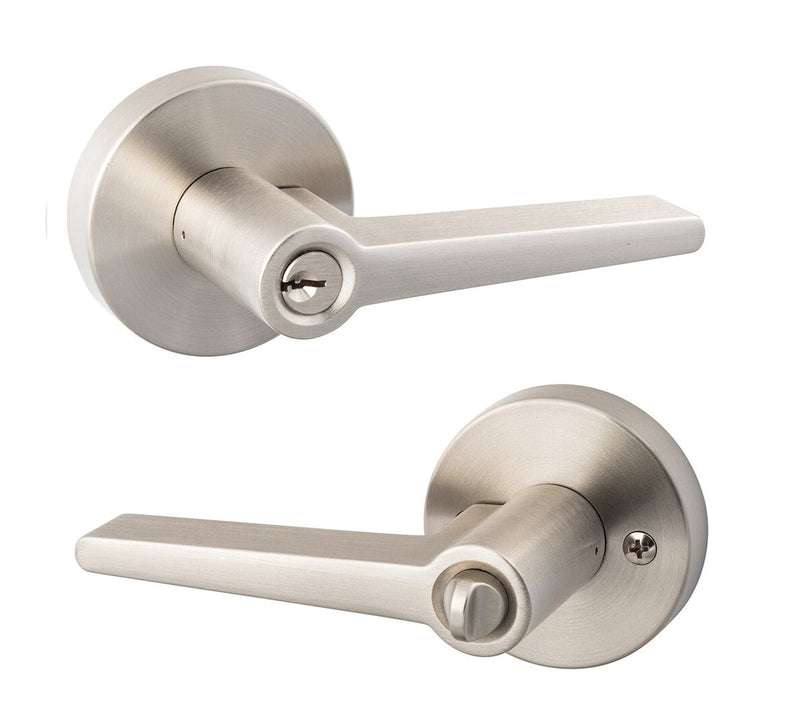 The Sure-Loc Basel Lever with Round Rosette in Satin Nickel finish