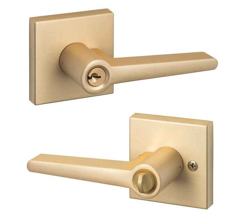 The Sure-Loc Basel Lever with Square Rosette in Satin Brass finish