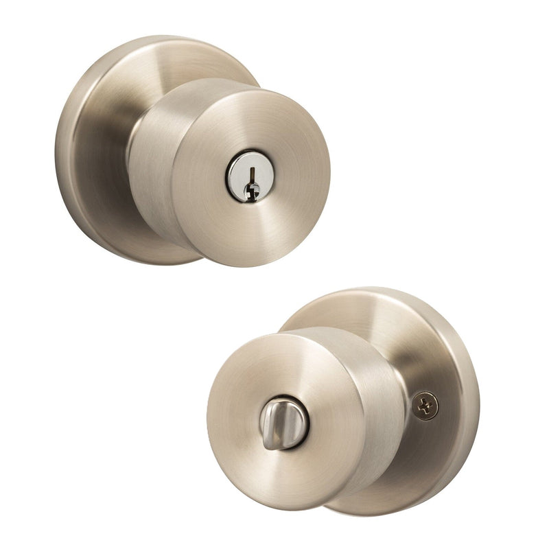 The Sure-Loc Bergen Knob with Round Rosette in Satin Stainless Steel finish