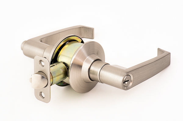 Sure-Loc Cedar Entry Lever With Return, Fire Rated in Satin Nickel finish