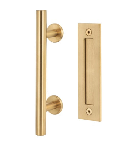 Sure-Loc Ladder Barn Door Handle with Flush Mounted Handle, 12" in Satin Brass finish