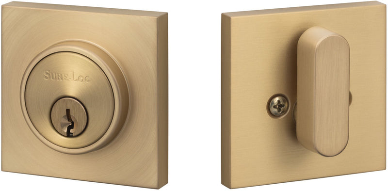 Sure-Loc Modern Square Deadbolt, Single Cylinder in Satin Brass finish