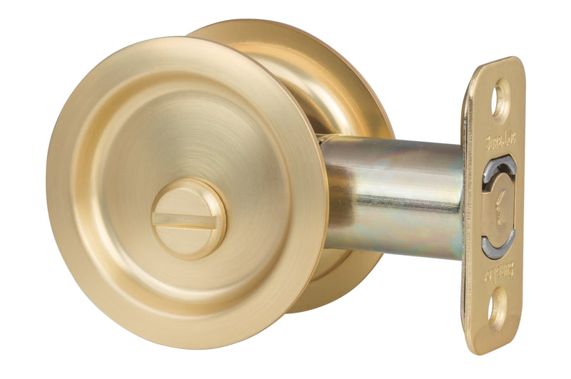 Sure-Loc Round Pocket Door Pull, Privacy in Satin Brass finish