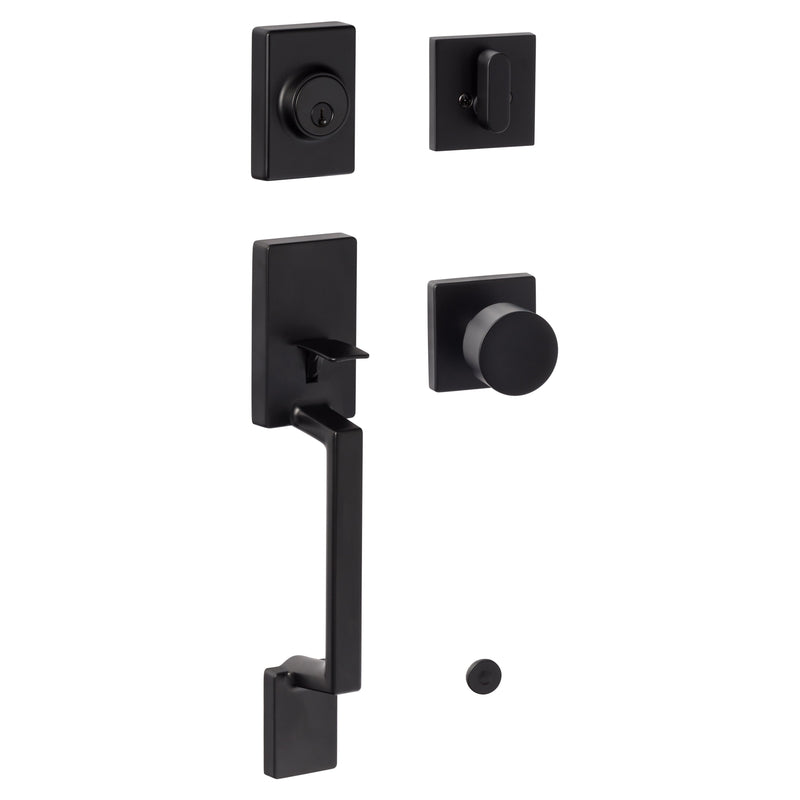 Sure-Loc Stockholm Handleset With Bergen Square Knob Interior Trim in Flat Black finish