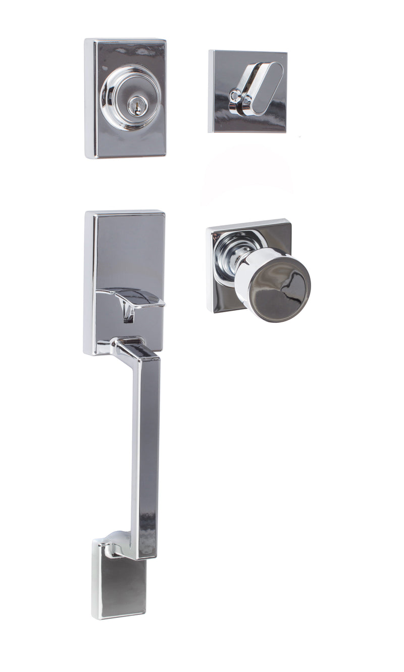 Sure-Loc Stockholm Handleset With Bergen Square Knob Interior Trim in Polished Chrome finish