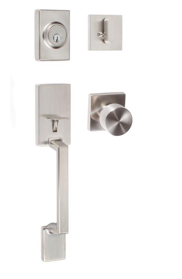 Sure-Loc Stockholm Handleset With Bergen Square Knob Interior Trim in Satin Nickel finish