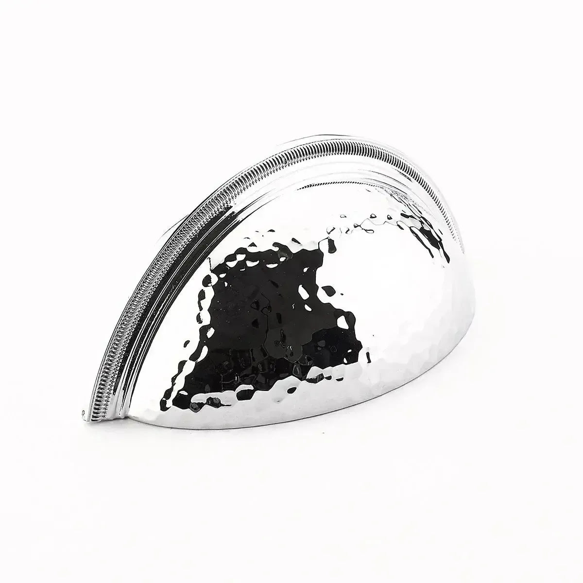 The Schaub Atherton Hammered Knurled Edge Cup Pull in Polished Chrome finish.