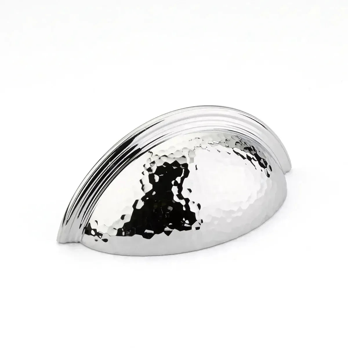 The Schaub Atherton Hammered Plain Edge Cup Pull in Polished Chrome finish.