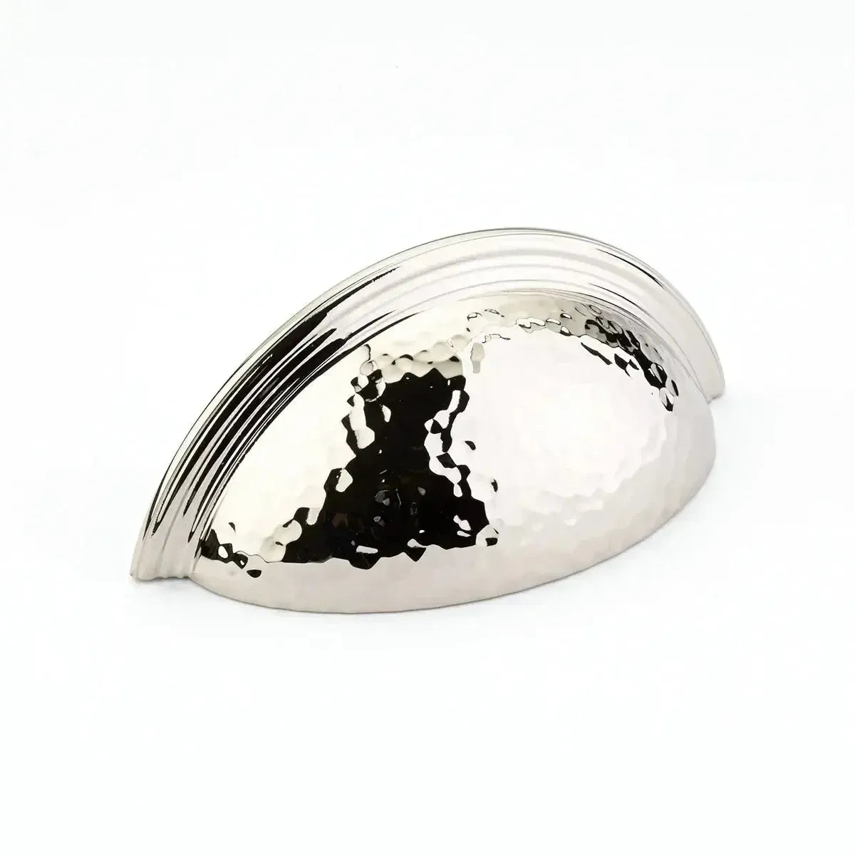 The Schaub Atherton Hammered Plain Edge Cup Pull in Polished Nickel finish.