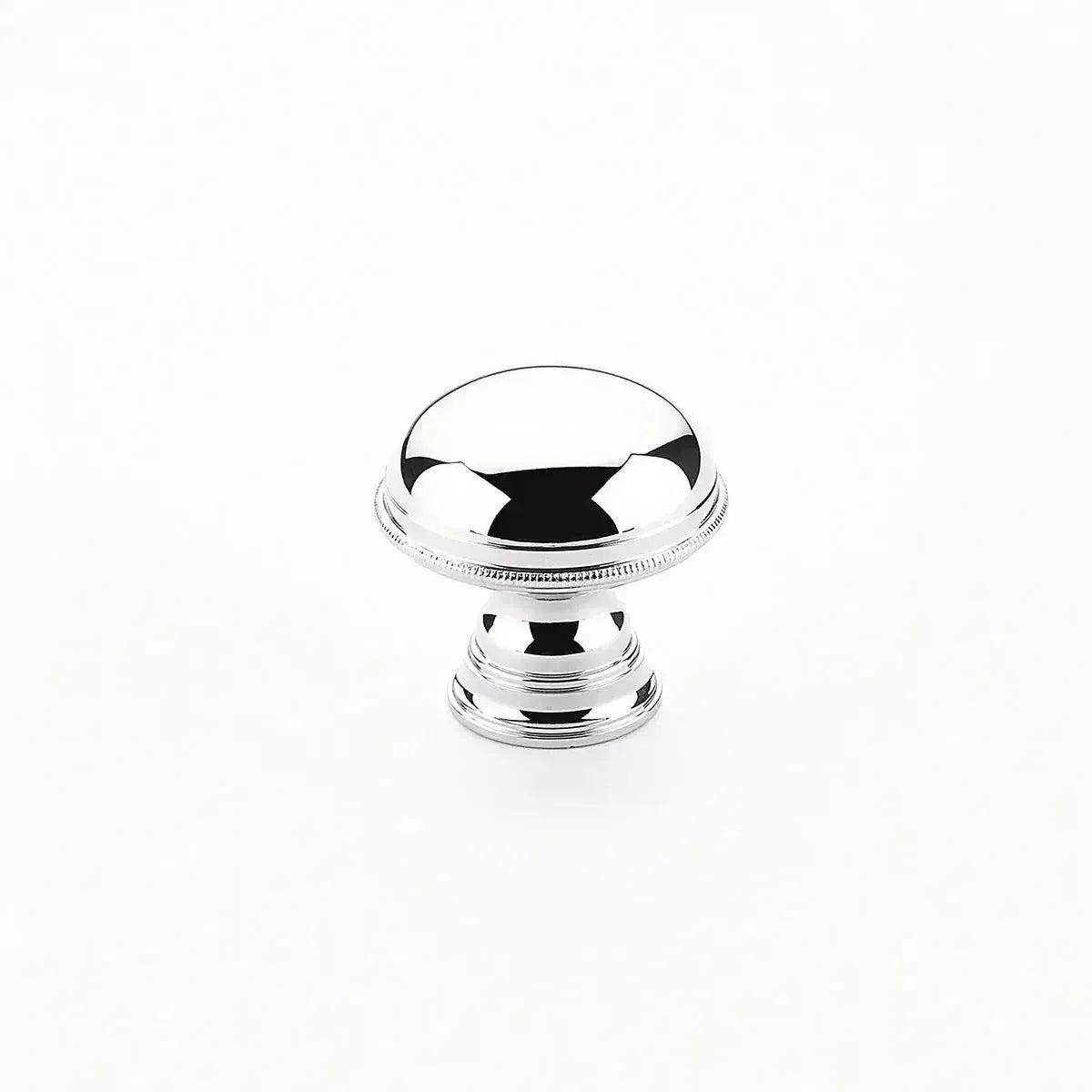 The Schaub Atherton Plain Surface Knurled Edge Cabinet Knob in Polished Chrome finish.