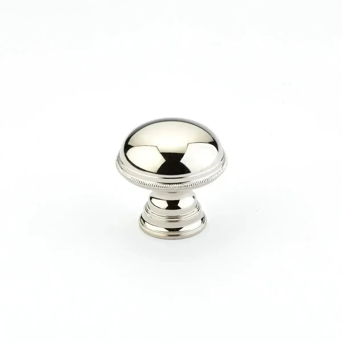 The Schaub Atherton Plain Surface Knurled Edge Cabinet Knob in Polished Nickel finish.