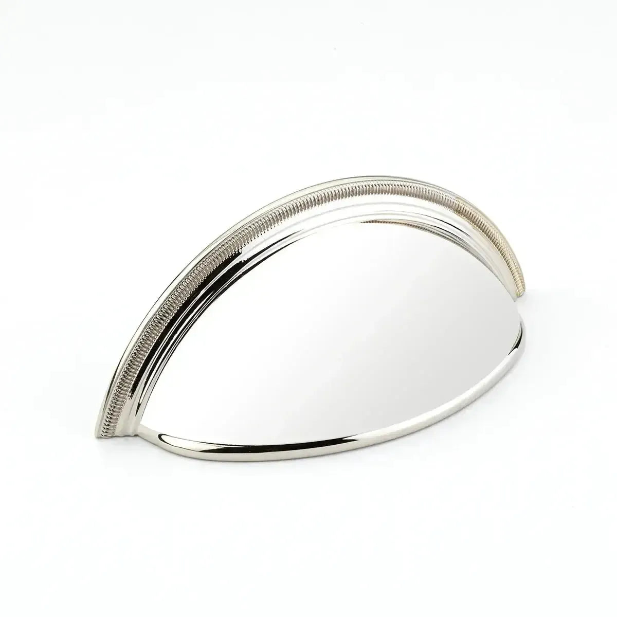The Schaub Atherton Plain Surface Knurled Edge Cup Pull in Polished Nickel finish.