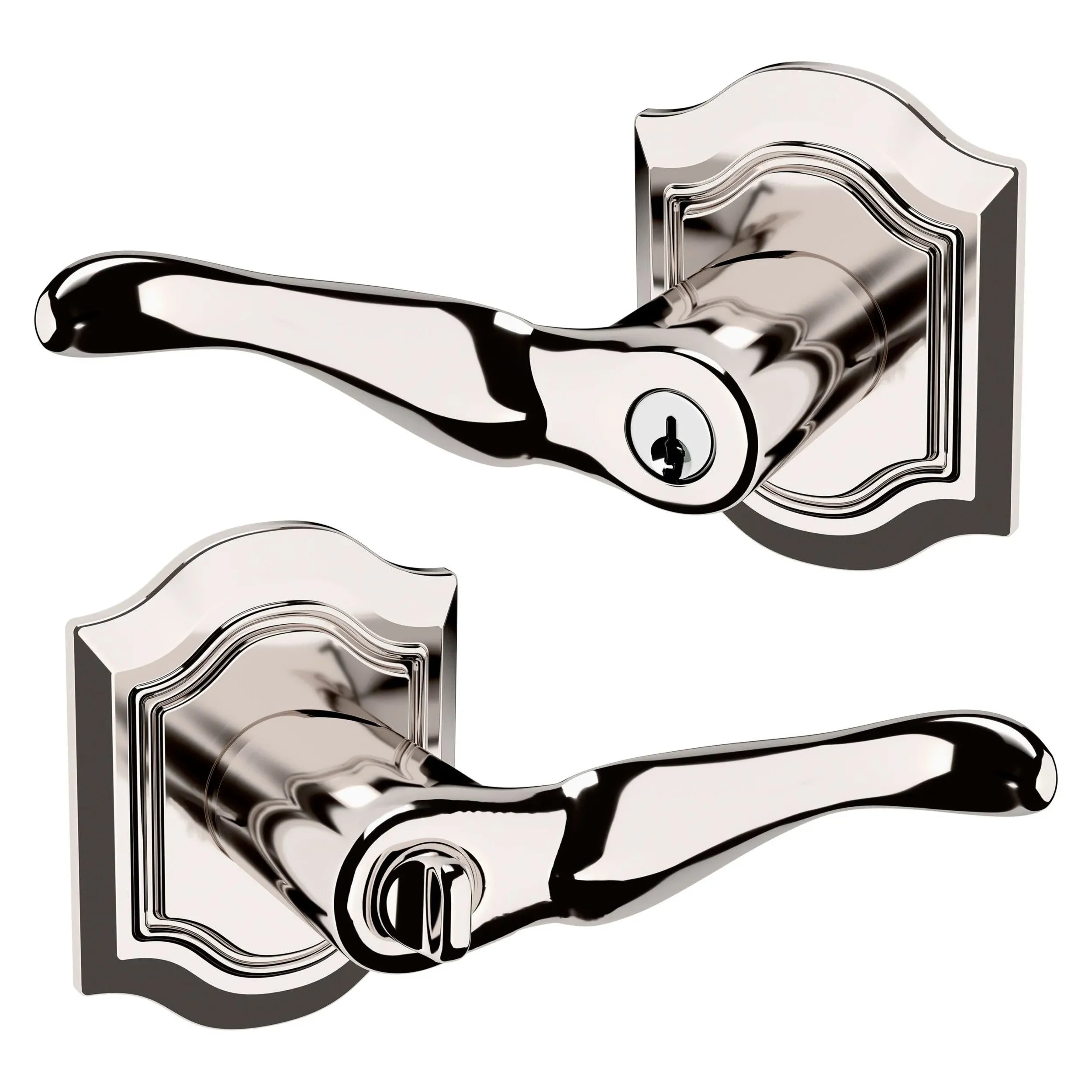 The Baldwin Estate 5237 Bethpage Keyed Lever with Bethpage Rosette in Lifetime Polished Nickel finish.