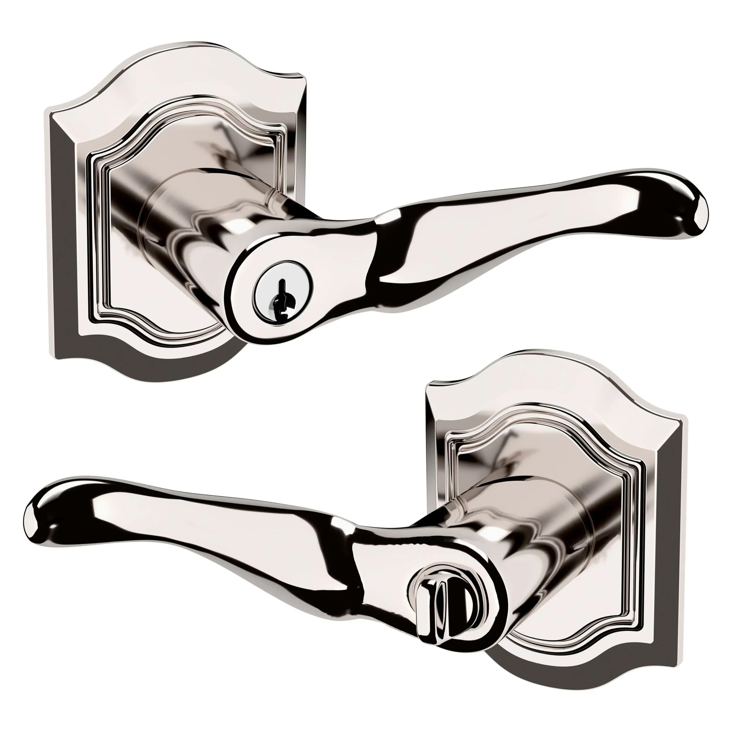 The Baldwin Estate 5237 Bethpage Keyed Lever with Bethpage Rosette in Lifetime Polished Nickel finish.